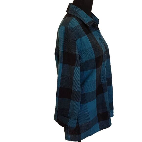 Habitat Women Plaid Printed Shacket Button Up Tunic Blouse Turquoise Black Small - Picture 4 of 11